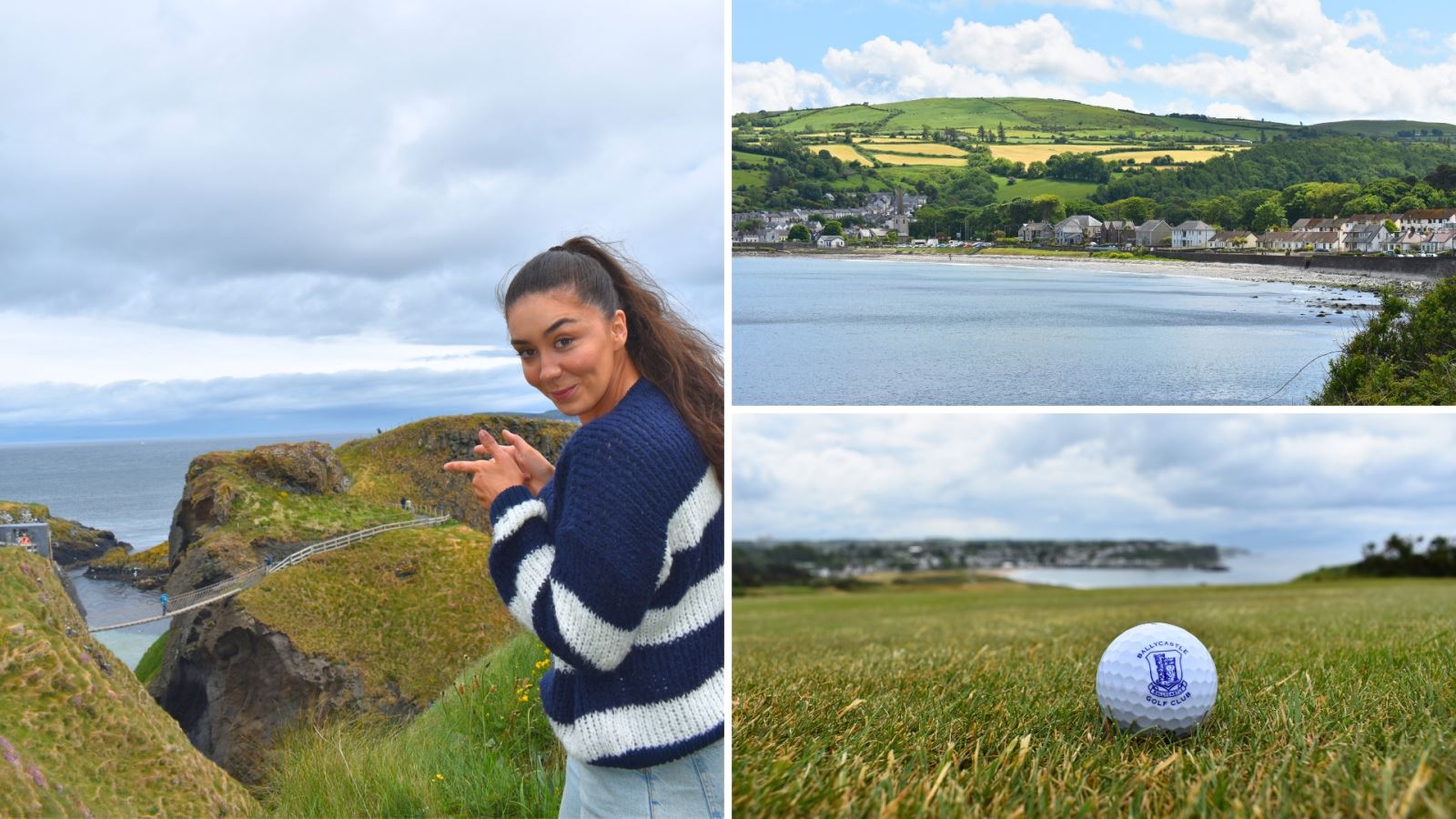 Girl pointing at Carrick a Rede rope bridge from above on a cliff