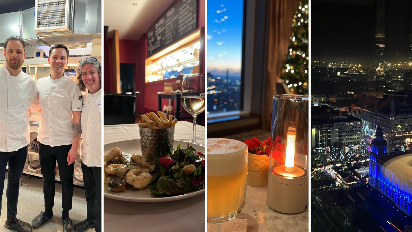 Photo collage of chef Michael Deane and cocktails and view from Belfast's Observatory Bar